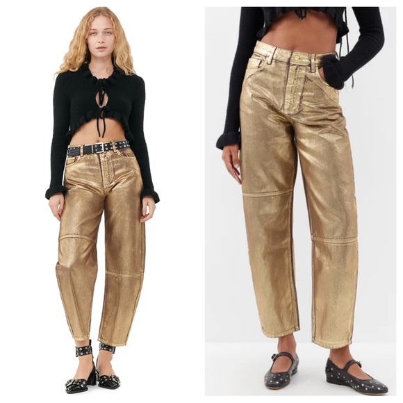 GANNI Foil Denim Stary Gold Barrel Jeans